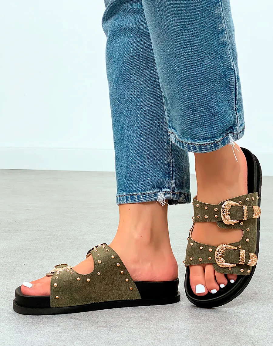 Mules Vert Kaki en Suédine avec Double Sangle Cloutée  Audace Tendance